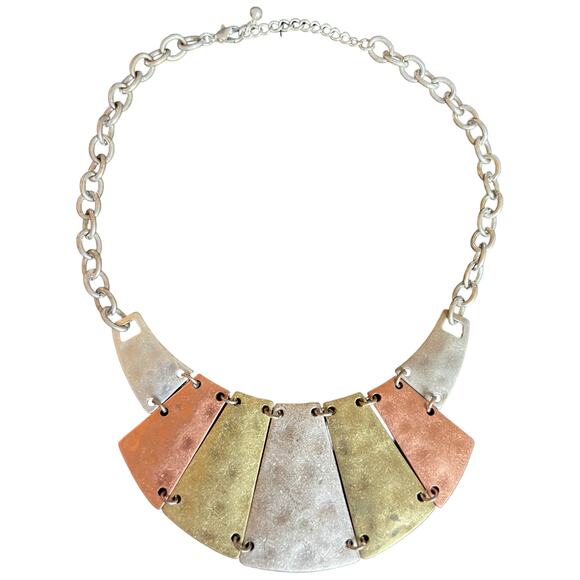 Tri-Tone Metal Bib Necklace - Modern Geometric Statement Piece - Picture 2 of 6